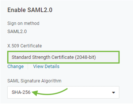 Set the SAML signature algorithm to SHA-256