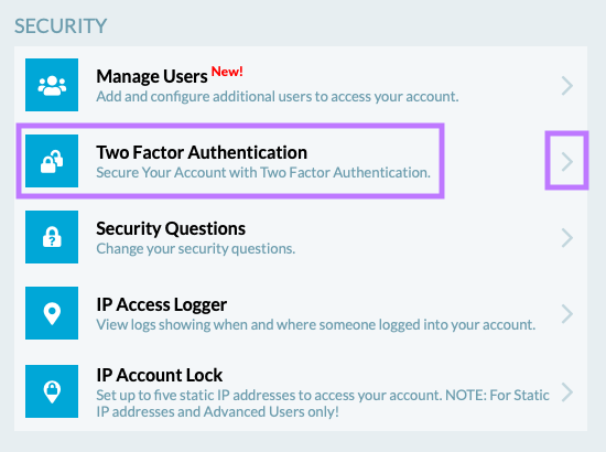 Locate the Two Factor Authentication subsection