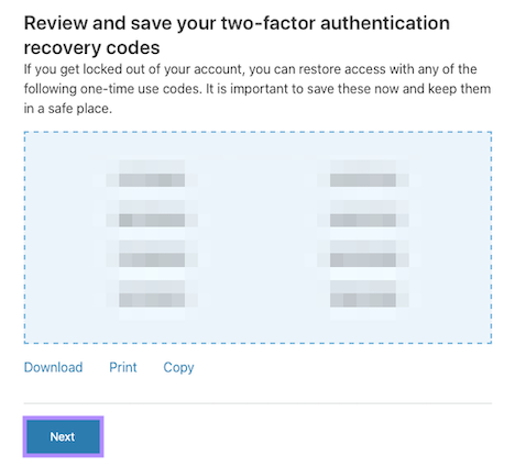 Securely store backup codes