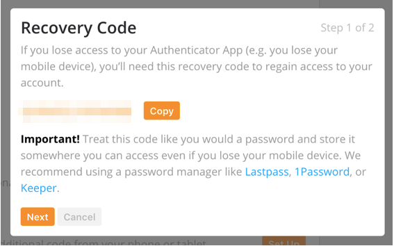 Securely store away your recovery codes