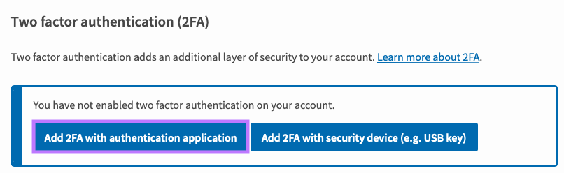 Click on Add 2FA with authentication application