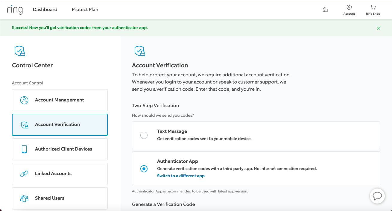 'Success! Now you'll get verification codes from your authenticator app'