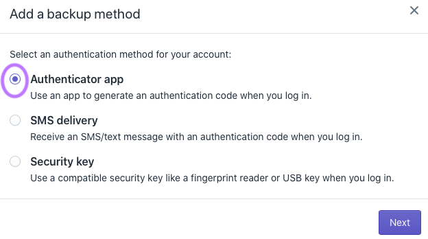 Select authentication app option