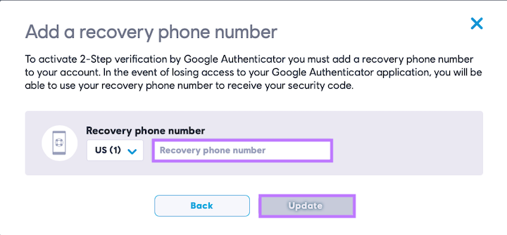 Enter recovery phone number